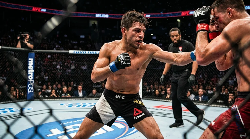 Lutador de MMA no octógono durante combate com arbitro